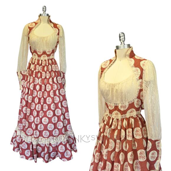 Gunne Sax Dresses & Skirts - Gunne Sax Red Floral Milkmaid Maxi Dress Size 13 Calico Vintage 70s Prairie
